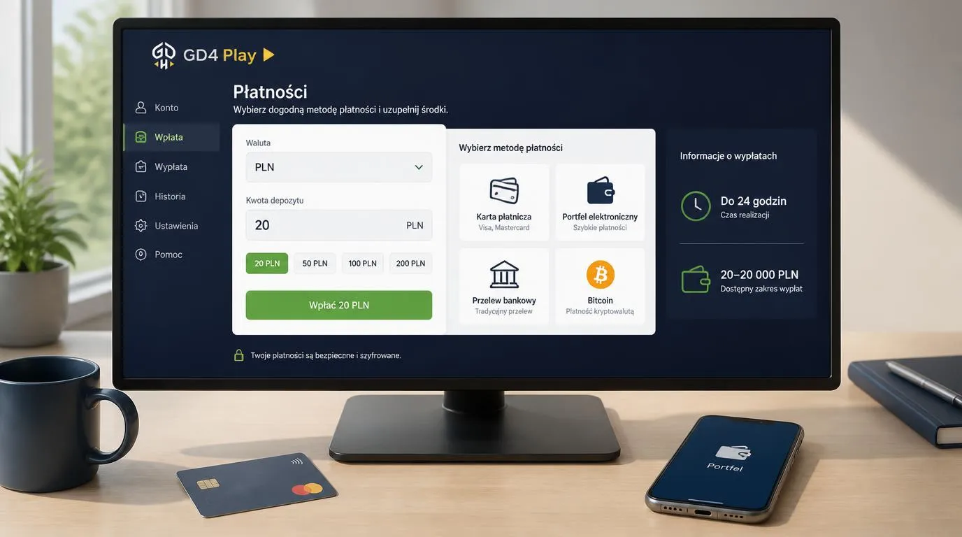 Panel kasjera z saldem w PLN, wyborem kart, portfeli elektronicznych, przelewu i Bitcoin