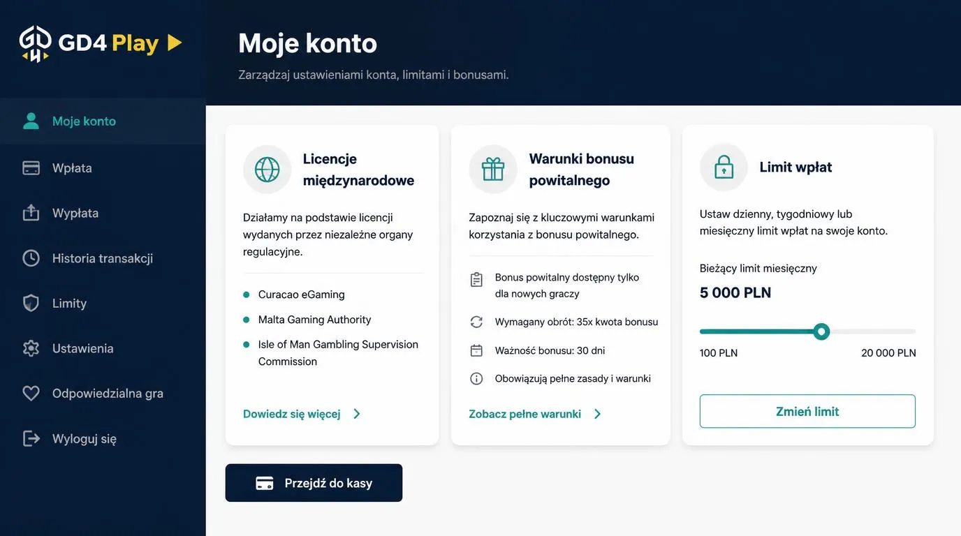 Panel kasyna z warunkami bonusu, informacją o licencji międzynarodowej i ustawieniem limitu wpłat