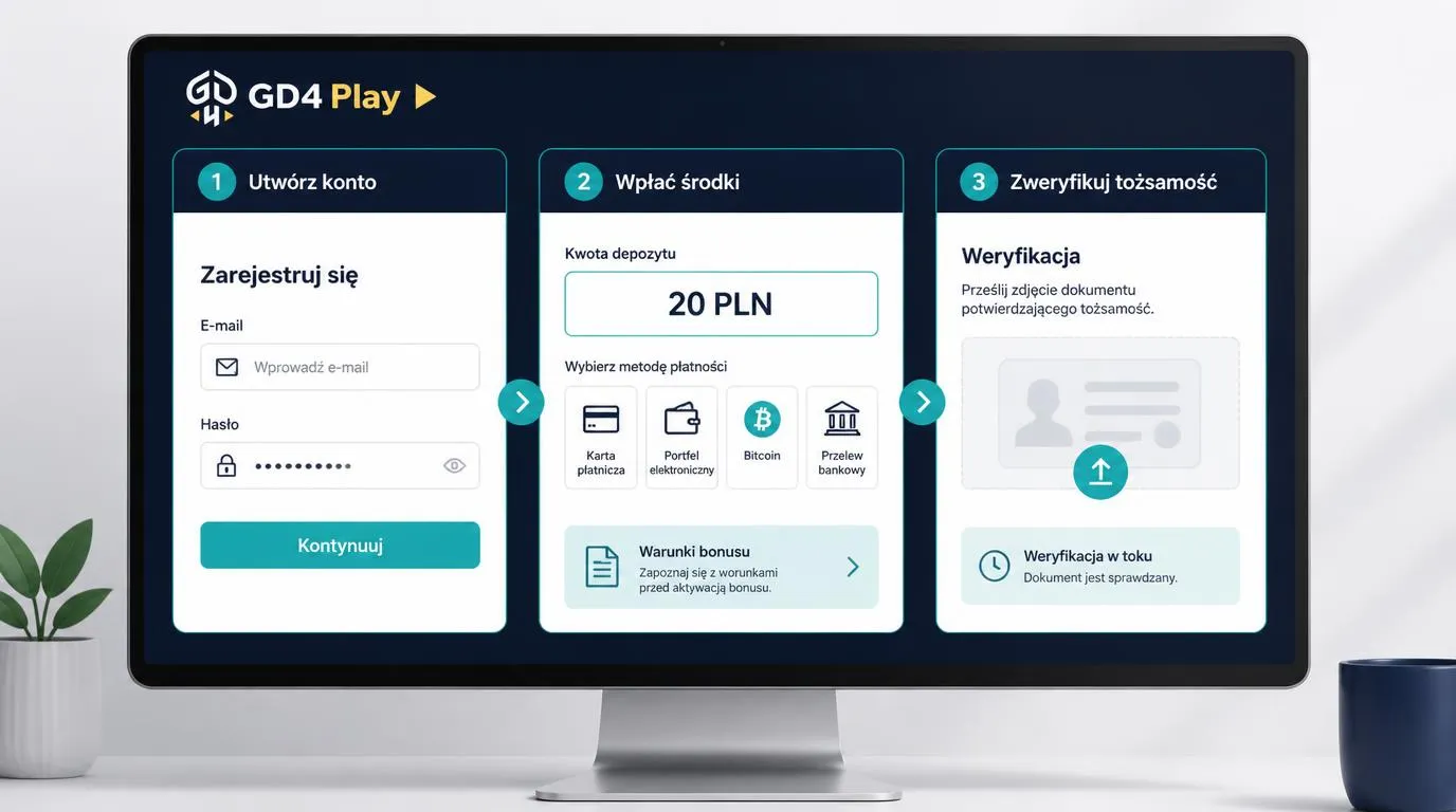 Panel rejestracji, kasa z wpłatą 20 PLN i ekran weryfikacji tożsamości w kasynie online